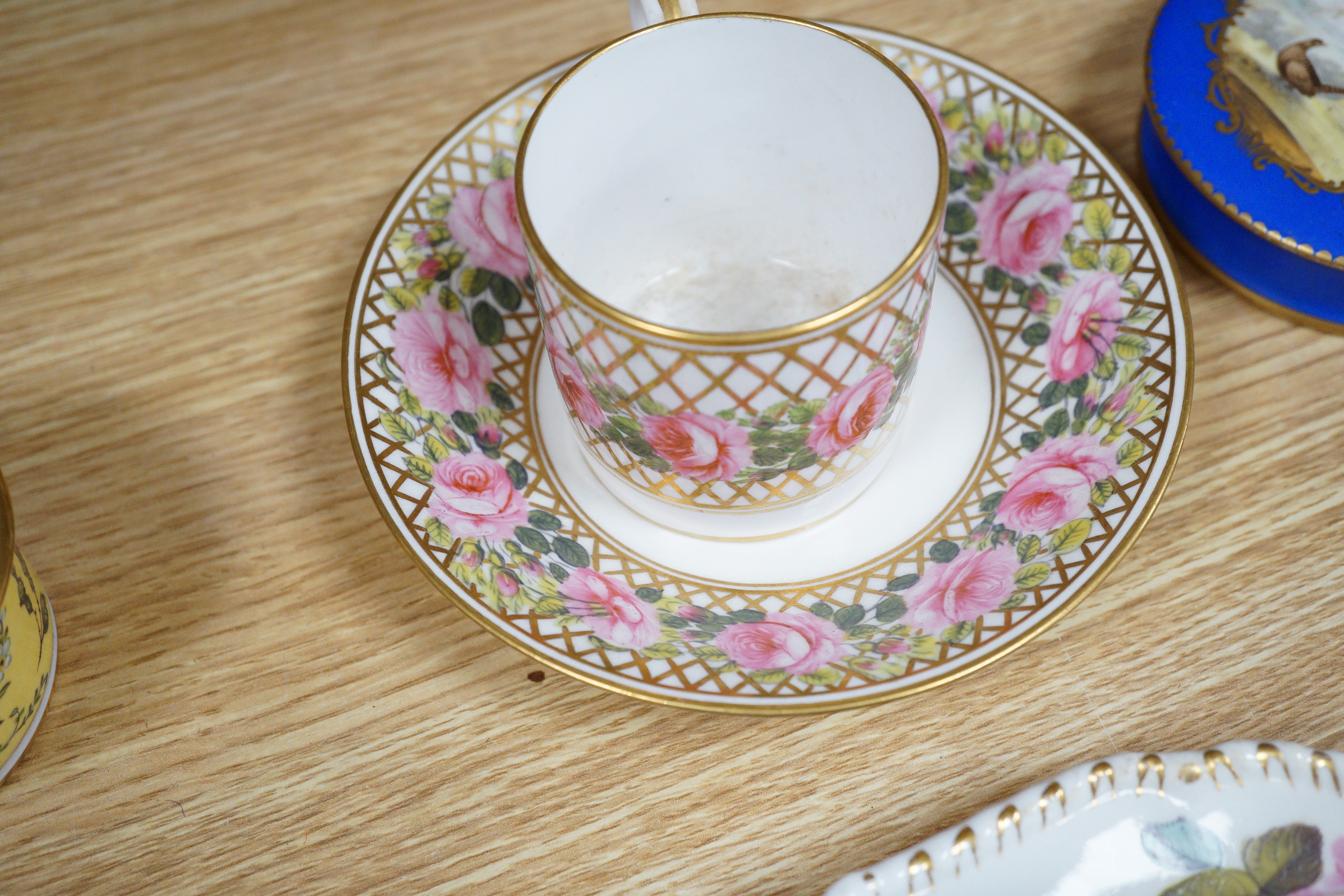 A Sampson Hancock Derby inkwell and cover, a similar coffee can, saucer and slop bowl, chantilly plate with basket-work border and four other items